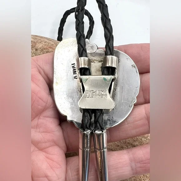 Ivan V Signed Navajo Handmade Sterling Silver Hand Painted Bear Fish Bolo Tie - Picture 8 of 9